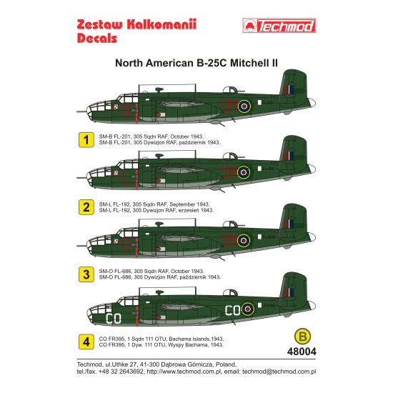 Techmod 48004 1/48 North American B-25c Mitchell Ii Polish Bahama Wet Decal Wwii
