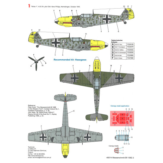 Techmod 48014 1/48 Messerschmitt Bf 109E-3 1940-1941 aircraft wet decal ...