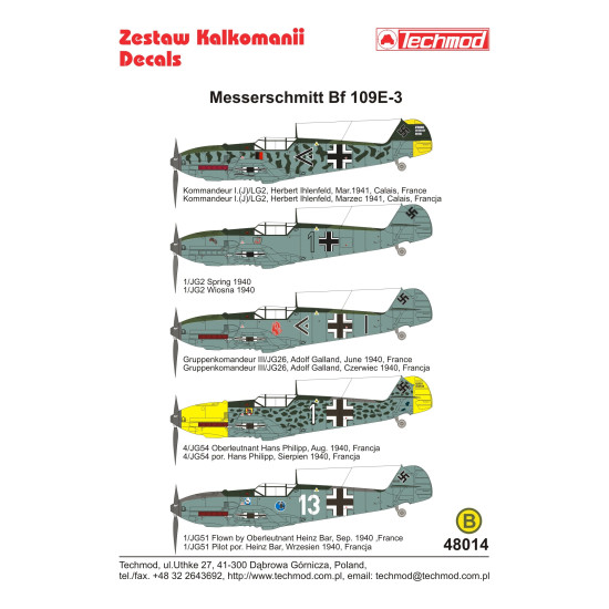 Techmod 48014 1/48 Messerschmitt Bf 109e-3 1940-1941 Aircraft Wet Decal Wwii