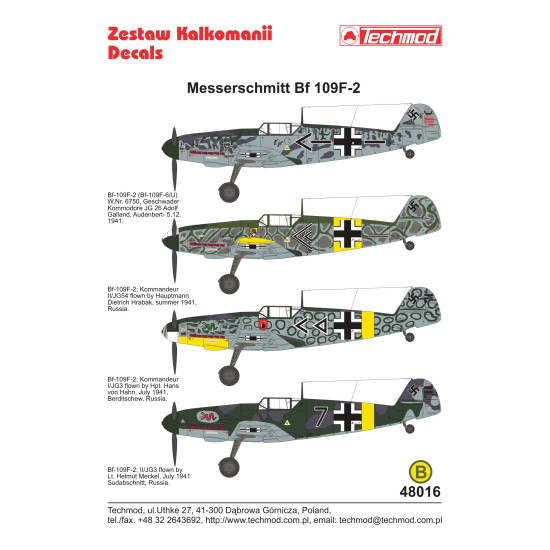 Techmod 48016 1/48 Messerschmitt Bf 109f-2 German Fighter 1941 Wet Decal Wwii