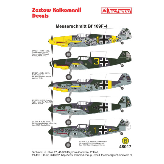 Techmod 48017 1/48 Messerschmitt Bf 109f-4 1942 Aircraft Wet Decal Wwii