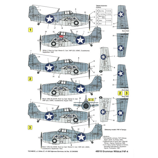 Techmod 48018 1/48 Grumman F4f-4 Wildcat 1942 Fighter Aircraft Wet Decal Wwii