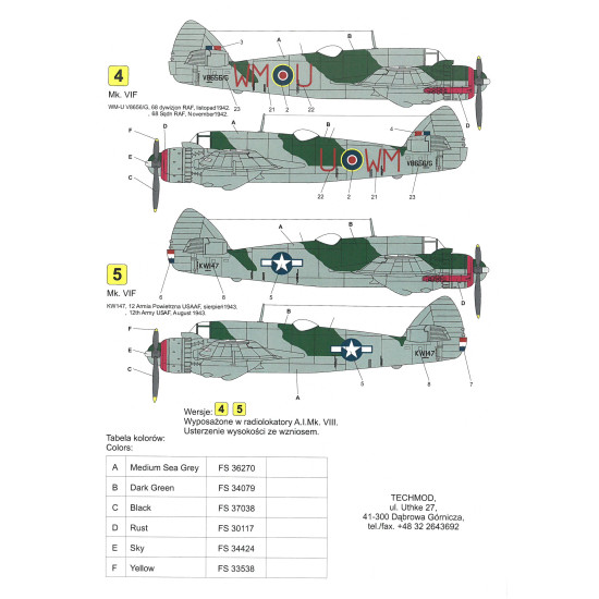 Techmod 48023 1/48 Bristol Beaufighter Vi 1942-1943 Aircraft Wet Decal Wwii