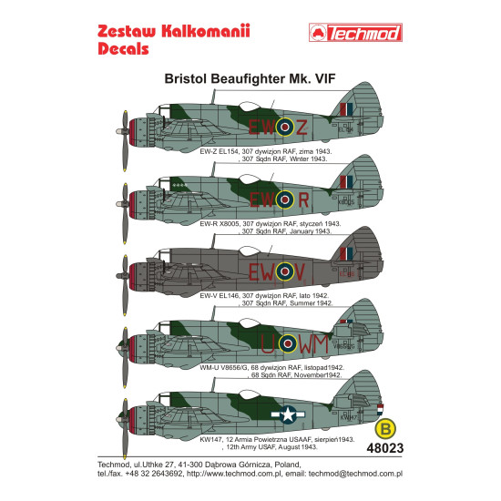 Techmod 48023 1/48 Bristol Beaufighter Vi 1942-1943 Aircraft Wet Decal Wwii