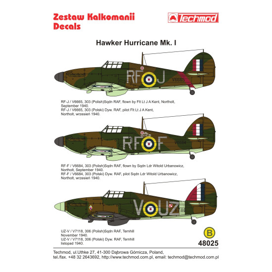 Techmod 48025 1/48 Hawker Hurricane Mk I 1940 Polish Aircraft Wet Decal Wwii