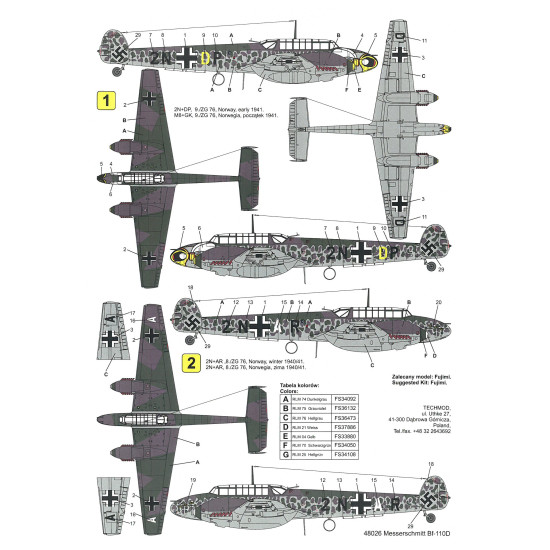 Techmod 48026 1/48 Messerschmitt Bf 110d Norway 1940 Aircraft Wet Decal Wwii