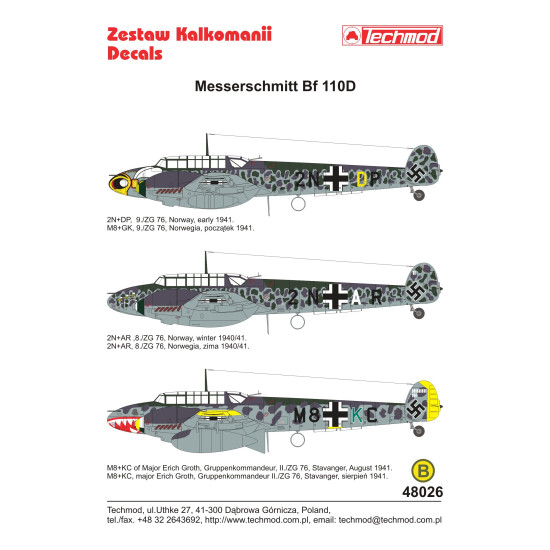 Techmod 48026 1/48 Messerschmitt Bf 110d Norway 1940 Aircraft Wet Decal Wwii