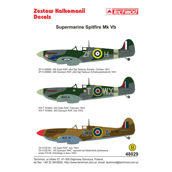 Techmod 48029 1/48 Supermarine Spitfire Mk Vb Aircraft Wet Decal Wwii