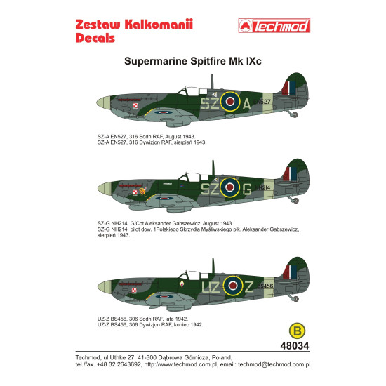 Techmod 48034 1/48 Supermarine Spitfire Mk.ix Polish Aircraft Wet Decal Wwii