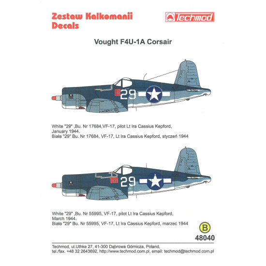 Techmod 48040 1/48 Vought F4u-1a Corsair 1944 Fighter Bomber Us Wet Decal Wwii