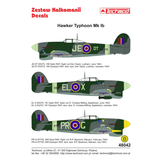 Techmod 48042 1/48 Hawker Typhoon Ib 1943 Aircraft Wet Decal Wwii