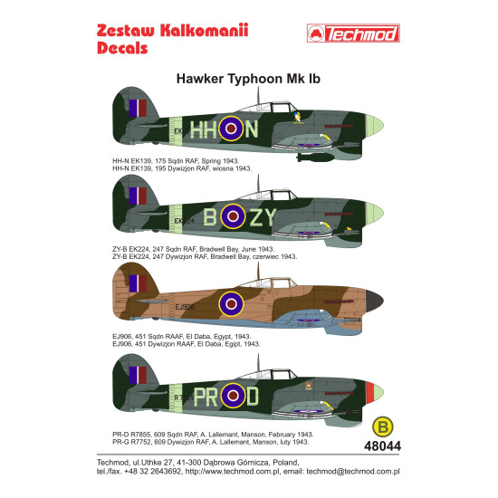 Techmod 48044 1/48 Hawker Typhoon Ib 1943 British Bomber Aircraft Wet Decal Wwii Techmod 48044 1/48 Hawker Typhoon Ib 1943 British Bomber Aircraft Wet Decal Wwii
