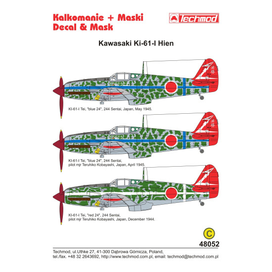 Techmod 48052 1/48 Kawasaki Ki-61 Hien Blue Japan 1944-1945 Aircraft Wet Decal Wwii Techmod 48052 1/48 Kawasaki Ki-61 Hien Blue Japan 1944-1945 Aircraft Wet Decal Wwii