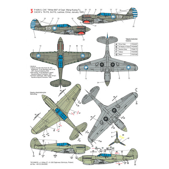 Techmod 48054 1/48 Curtiss P-40n-5 Warhawk Fighter Aircraft Wet Decal Wwii