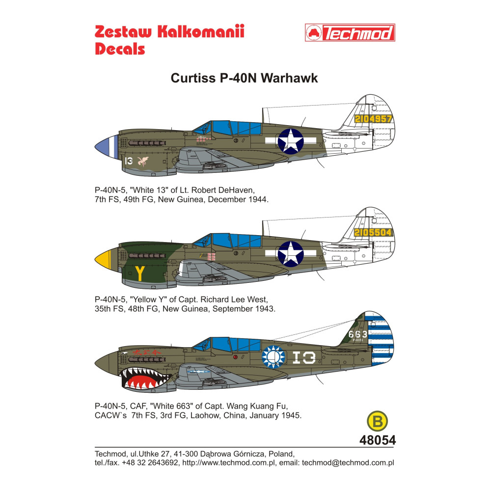 Techmod 48054 1/48 Curtiss P-40N-5 Warhawk fighter aircraft Wet