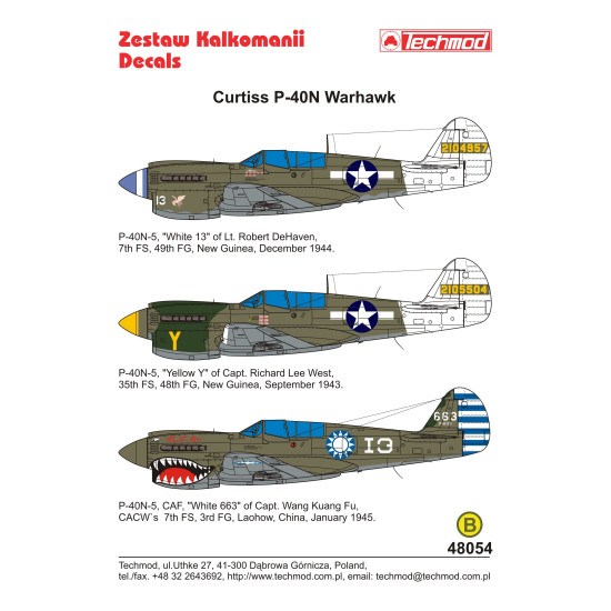 Techmod 48054 1/48 Curtiss P-40n-5 Warhawk Fighter Aircraft Wet Decal Wwii