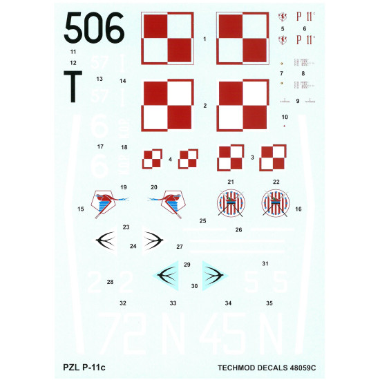 Techmod 48059 1/48 Pzl P11c Polish Fighter Aircraft Wet Decal Wwii