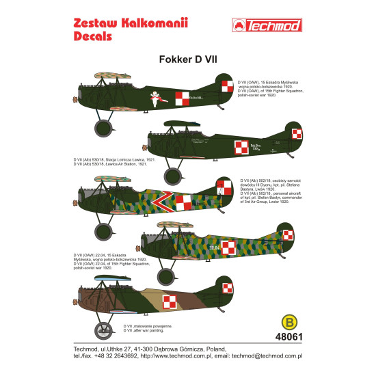 Techmod 48061 1/48 Fokker D-vii Polish 1920 Fighter Aircraft Wet Decal