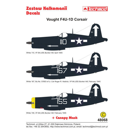 Techmod 48068 1/48 Vought F4u-1d Corsair 1945 Us Fighter Aircraft Wet Decal