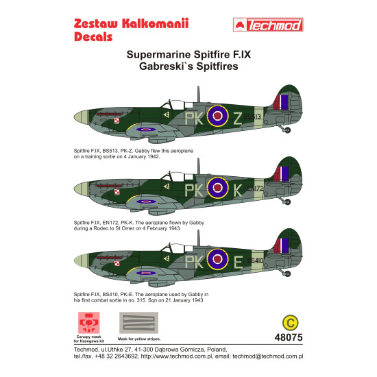 Techmod 48075 1/48 Supermarine Spitfire F.ix Gabreskis Spitfires Wet Decal W/Mask Techmod 48075 1/48 Supermarine Spitfire F.ix Gabreskis Spitfires Wet Decal W/Mask