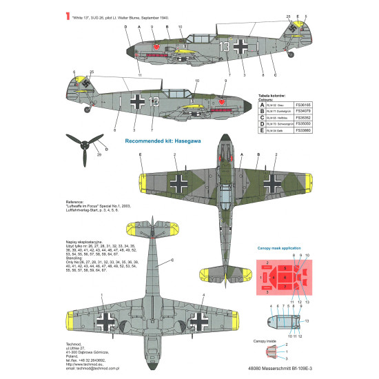 Techmod 48080 1/48 Messerschmitt Bf 109e-3 1939-40 Wet Decal Wwii W/Mask