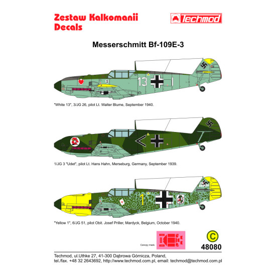 Techmod 48080 1/48 Messerschmitt Bf 109e-3 1939-40 Wet Decal Wwii W/Mask