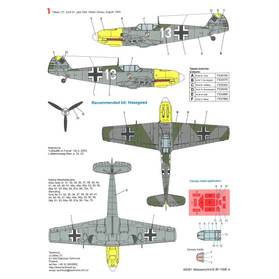 Techmod 48081 1/48 Messerschmitt Bf 109e-4 1940 Wet Decal Wwii W/Mask For Canopy