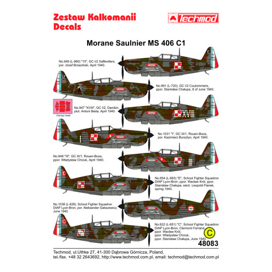 Techmod 48083 1/48 Morane-saulnier Ms-406c1 French Fighter Wet Decal Wwii W/Mask