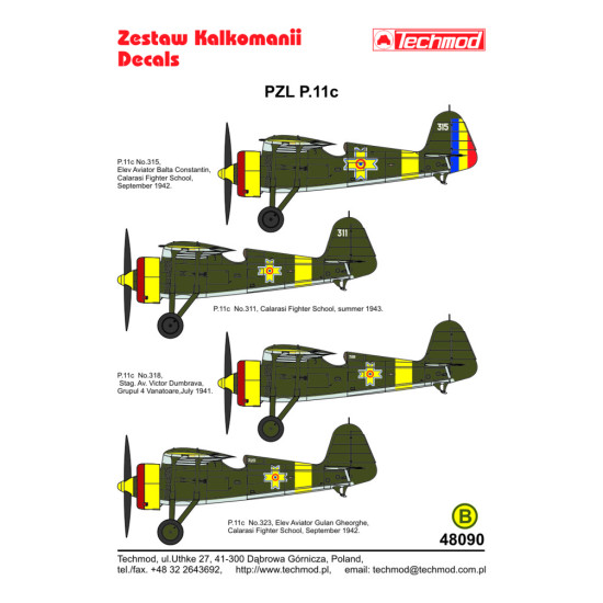 Techmod 48090 1/48 Pzl P-11c Polish Fighter Aircraft Wet Decal Wwii