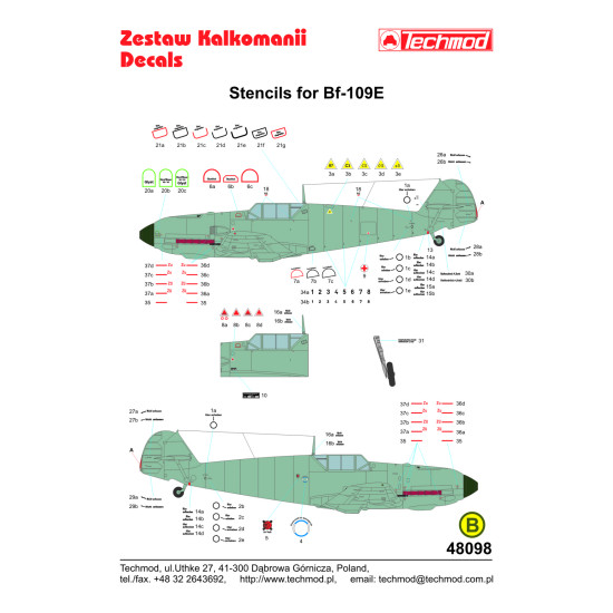 Techmod 48098 1/48 Stencils For Messerschmitt Bf 109e Aircraft Wet Decal Wwii