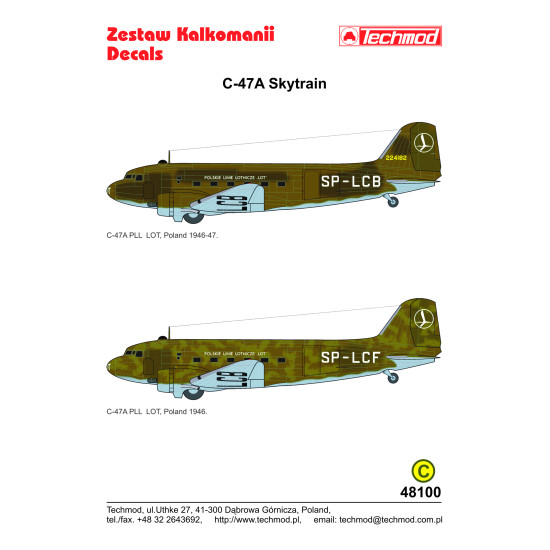 Techmod 48100 1/48 C-47a Skytrain Transport Aircract Polish Lot Wet Decal