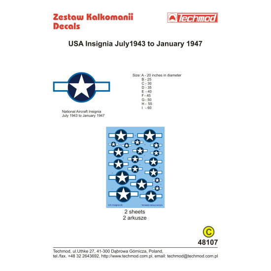 Techmod 48107 1/48 Us National Insignia July 1943 - January 1947 Wet Decal Wwii