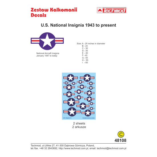 Techmod 48108 1/48 Us National Insignia - From 1943 To Present Wet Decal 2pcs