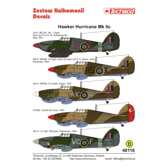 Techmod 48116 1/48 Hawker Hurricane Iic British Fighter Aircraft Wet Decal Wwii