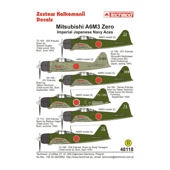 Techmod 48118 1/48 Mitsubishi A6m3 Zero Imperial Japanese Navy Aces
