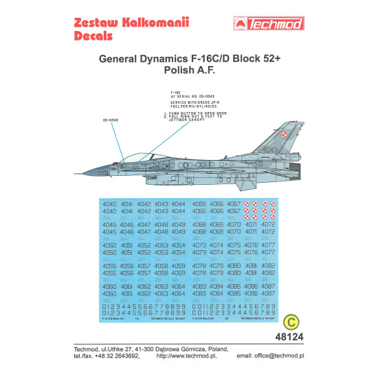 Techmod 48124 1/48 General Dynamics F-16c/D Block 52 Polish Aircraft Wet Decal
