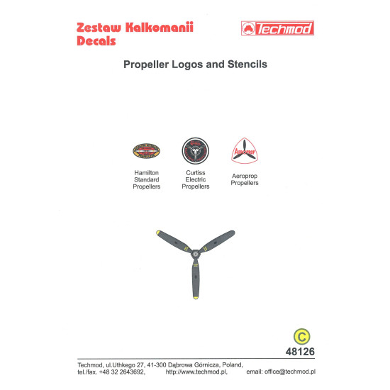 Techmod 48126 1/48 Propeller Logos And Stencils Hamilton Curtiss Aircraft Decal