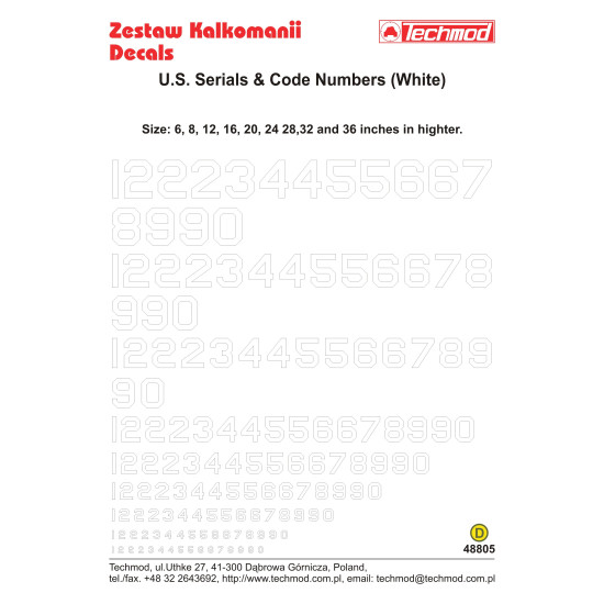 Techmod 48805 1/48 U.s. Serial And Code Numbers, White For Aircraft Wet Decal
