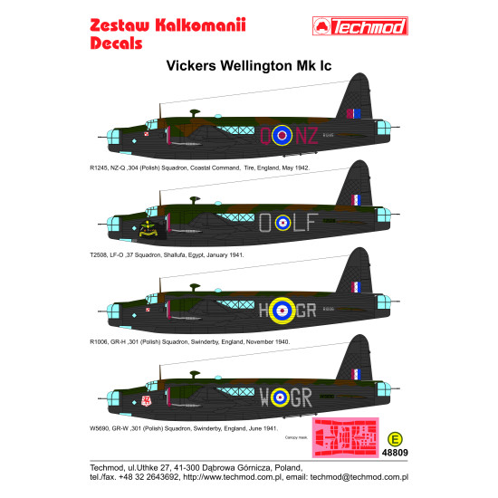 Techmod 48809 1/48 Vickers Wellington Ic British Medium Bomber Wet Decal Wwii