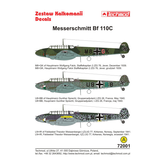 Techmod 72001 1/72 Messerschmitt Bf 110c German Fighter 1939-1941 Wet Decal Wwii
