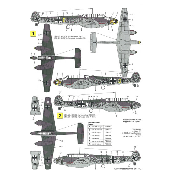Techmod 72003 1/72 Messerschmitt Bf 110d Norway 1940-1941 Aircraft Wet Decal Wwii