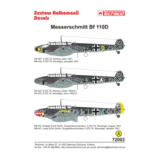 Techmod 72003 1/72 Messerschmitt Bf 110d Norway 1940-1941 Aircraft Wet Decal Wwii