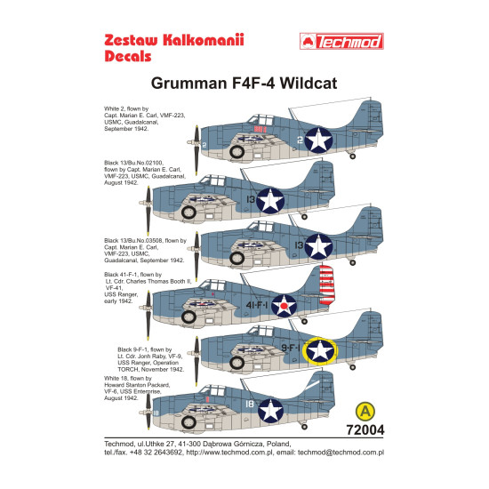 Techmod 72004 1/72 Grumman F4f-4 Wildcat Us Fighter 1942 Wet Decal Wwii