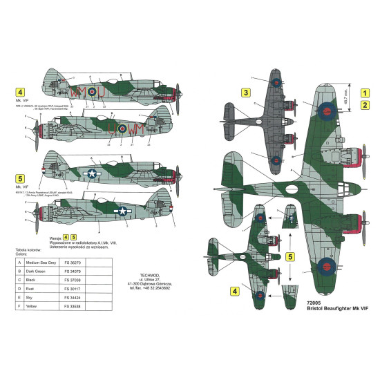 Techmod 72005 1/72 Bristol Beaufighter Vi 1942-1943 Aircraft Wet Decal Wwii