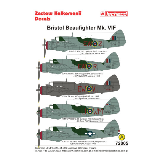 Techmod 72005 1/72 Bristol Beaufighter Vi 1942-1943 Aircraft Wet Decal Wwii