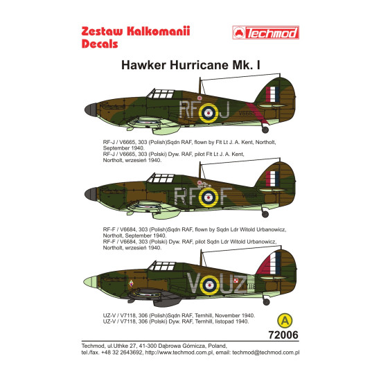 Techmod 72006 1/72 Hawker Hurricane Mk I 1940 Polish Raf Aircraft Wet Decal Wwii