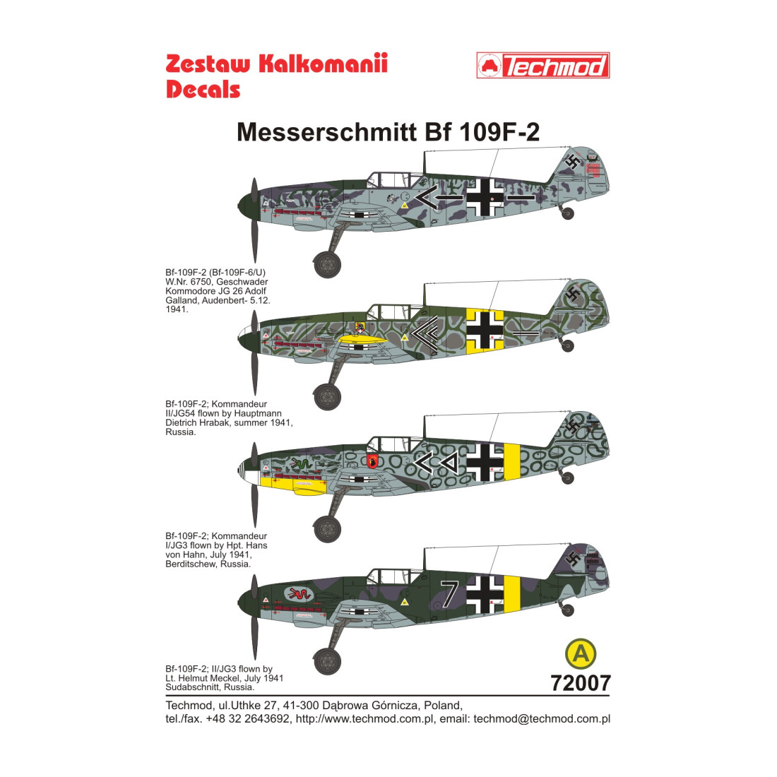 Décalcomanies Humides Techmod 1/72 Pour Messerschmitt Bf 109F-2 Russie 1941 - Maquette Avion WWII