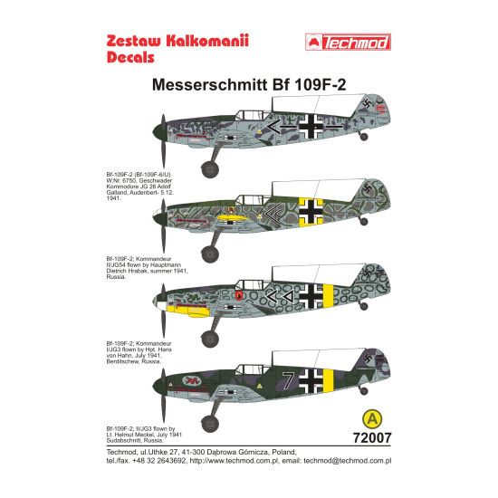 Techmod 72007 1/72 Messerschmitt Bf 109f-2 Russia 1941 Aircraft Wet Decal Wwii