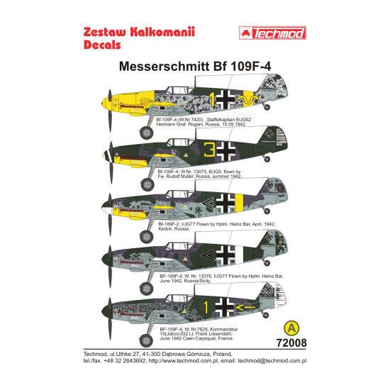 Techmod 72008 1/72 Messerschmitt Bf 109f-4 1942 Aircraft Wet Decal Wwii