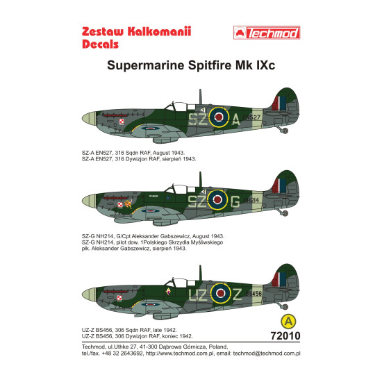 Techmod 72010 1/72 Supermarine Spitfire Mk.ix Polish Aircraft Wet Decal Wwii